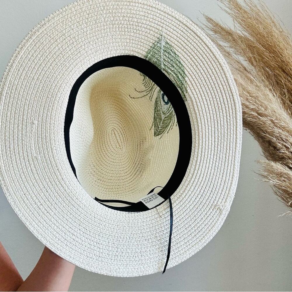 VINTAGE NORDSTROM Cream Tan Straw Wide Visor Brim Green Peacock Fedora Sun Hat - Picture 5 of 11